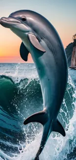 Leaping dolphin against a sunset ocean backdrop.