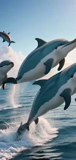 Dolphins leaping gracefully in the sea under a bright sky.