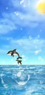 Dolphins jumping in a sunny ocean scene with clear sky.