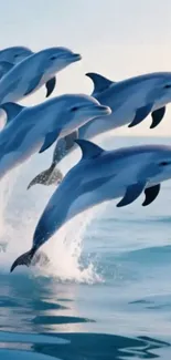 Dolphins gracefully leaping over a serene ocean setting.