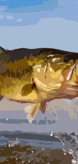 Vibrant bass fish jumping from the water with colorful sky backdrop.