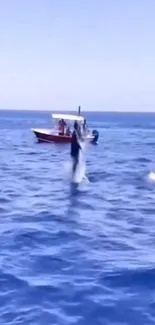 Marlin jumps from vibrant blue ocean near boat.