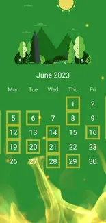 June 2023 green calendar wallpaper with nature theme.