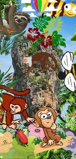 Colorful jungle cartoon wallpaper with monkeys and plants.