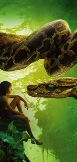 Jungle scene with boy and giant snake on phone wallpaper.