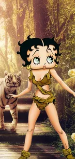 Cartoon character in jungle with a white tiger, surrounded by lush greenery.