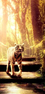 Majestic white tiger on a sunlit jungle path surrounded by lush green foliage.