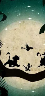 Jungle animals silhouetted against a full moon in a mystical night scene.