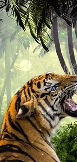 Tiger roaring in a vibrant jungle setting with lush greenery.