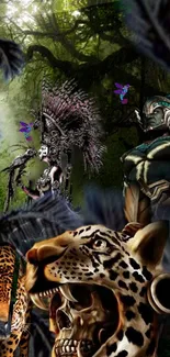 Jungle warrior fantasy art with vibrant wildlife and mystical creatures.