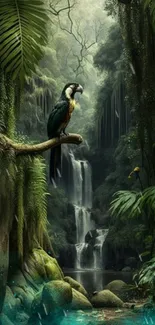 Toucan on branch in lush jungle with cascading waterfall.