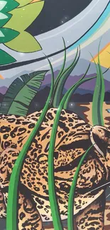 Illustrated jungle scene with a jaguar and greenery.