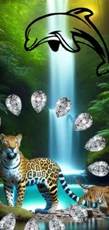 Jungle scene with waterfall, tiger, leopard, and gems.