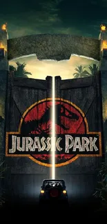 Mobile wallpaper featuring the iconic Jurassic Park gate.