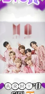 K-Pop group in pink outfits with purple heart background.