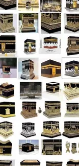 Mobile wallpaper of Kaaba miniatures in black and gold design.