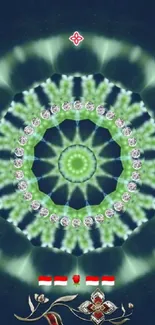 Kaleidoscope mandala with vibrant green patterns and intricate details.