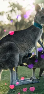 Kangaroo and joey with colorful hearts in a nature scene.