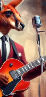 Kangaroo dressed as a rockstar playing guitar.