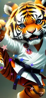 Tiger in karate outfit with colorful stars wallpaper.