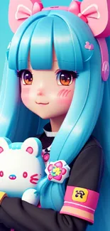 Kawaii anime girl with blue hair holding a cute plush toy.