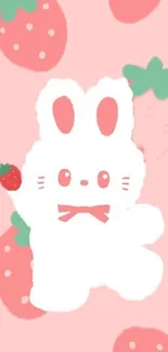 Cute kawaii bunny with strawberries on a pink background.