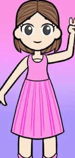 Kawaii cartoon girl with peace sign on pink gradient background.