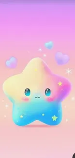 Cute kawaii star on pastel background with hearts.