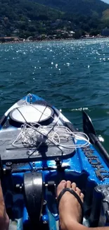 Kayaking adventure on sparkling blue waters with misty mountains.