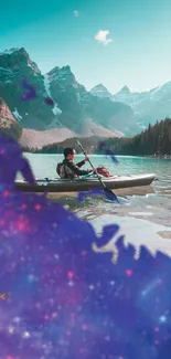 Kayaker in serene mountain lake with cosmic art overlay, nature wallpaper.