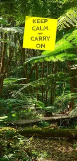 Forest background with 'Keep Calm' quote in bold yellow.