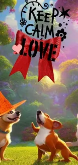 Playful dogs in a vibrant forest with a 'Keep Calm Love' message.