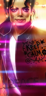 Colorful wallpaper with Keep Calm and Peace text, glowing and vibrant in design.