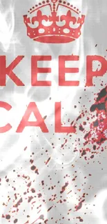 Keep calm poster with red splatter design on gray background.