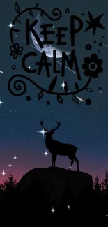 Keep Calm dark blue mobile wallpaper with stars and deer silhouette.