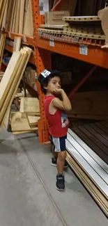 Young child exploring home improvement store aisle with wooden planks.