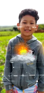 A boy smiling with a futuristic digital overlay on a sunny day in nature.