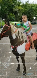 Child riding a painted horse in a park setting with overlay effects.