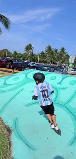 Kid skates energetically on a turquoise ramp in a sunny park.