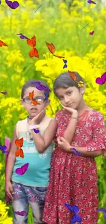 Kids posing happily in a field of yellow flowers.