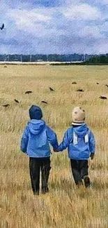 Children in blue jackets walk through a golden field under a cloudy sky.