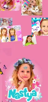 Cheerful kids' pink collage wallpaper with butterflies.