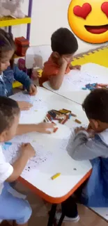 Kids having fun with toys around a colorful table.