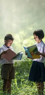 Kids reading books in a tranquil green forest scene.