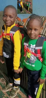 Two children with backpacks, ready for school, standing indoors.