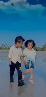 Children holding hands walking on a beach with a vibrant blue sky.