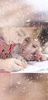 Kids studying through raindrop-covered window wallpaper.