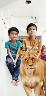 Children sitting with lion in bright scenery.