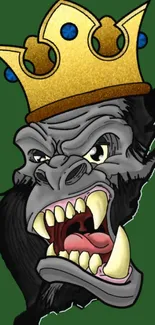 Illustrated gorilla with crown on green background.