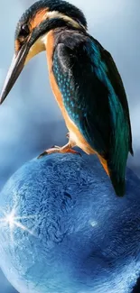 Kingfisher perched on a blue icy sphere with a vibrant background.